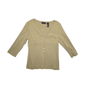 Axcess Liz Claiborne Button Front V-Neck 3/4 Sleeve Top Large Beige Cottagecore